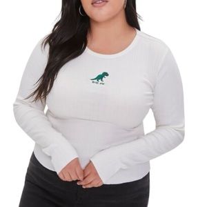 Forever 21 Bite Me Embroidered T Rex Dinosaur Top Cream Green Size XL